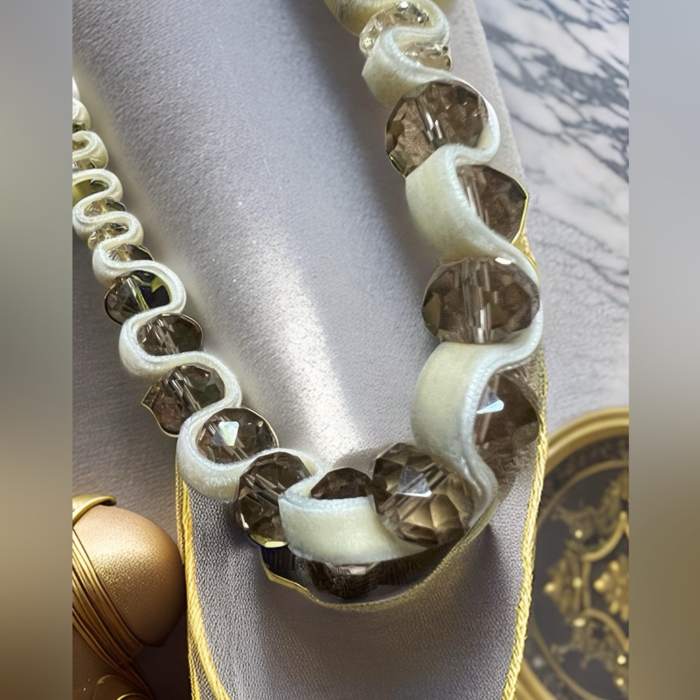 Chico's Cream Velvet Satin Ribbon Beaded Sautoir Necklace - Picture 4 of 8